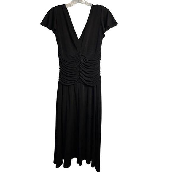 Dressbarn Black Ruched Midi Dress 4 Short Flutter Sleeves V-Neck Polyester Blen - Picture 4 of 8